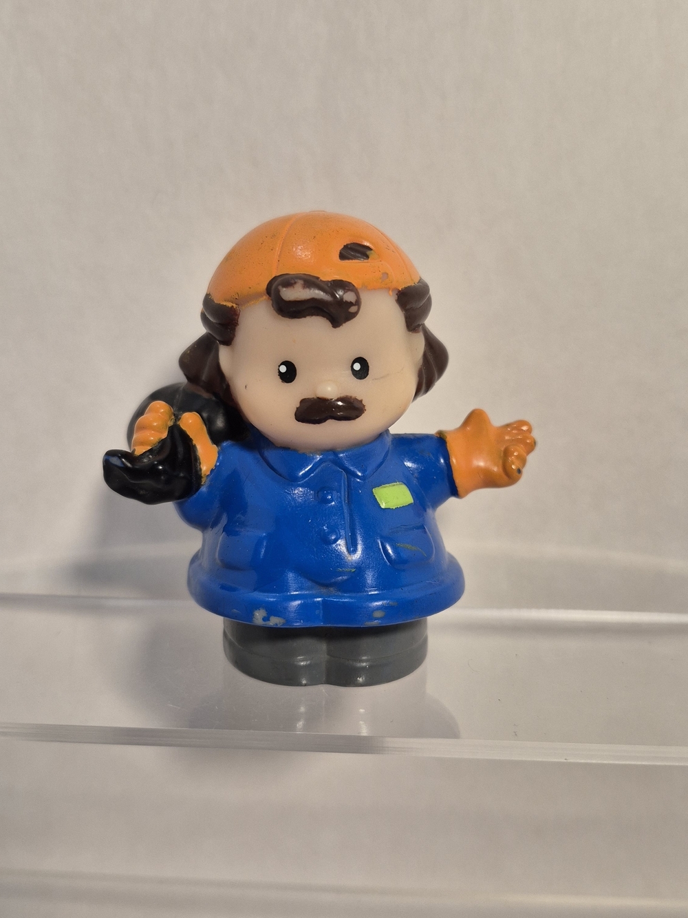 Fisher-Price Little People Garbage Trash Man Orange Hat Mustache Blue Vintage